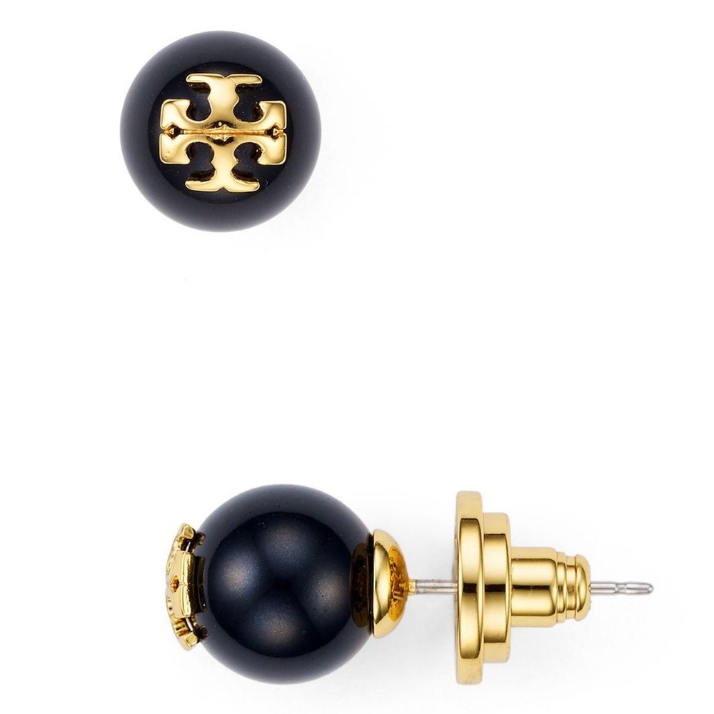 Tory Burch Black Small Pearl Logo Earrings - Picture 3 of 3